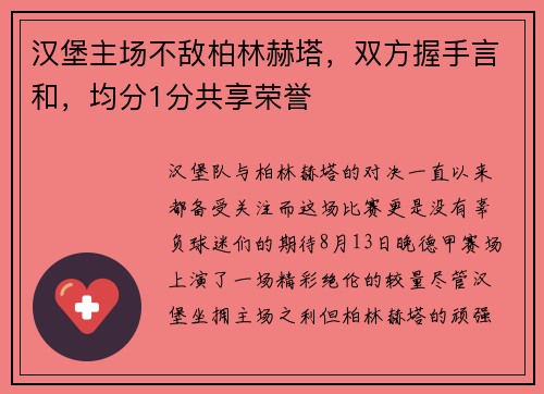 汉堡主场不敌柏林赫塔，双方握手言和，均分1分共享荣誉